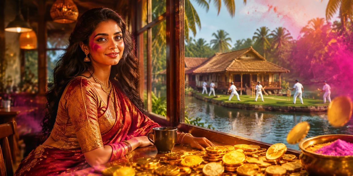 A joyous cricket betting moment in Kerala with vibrant traditional attire